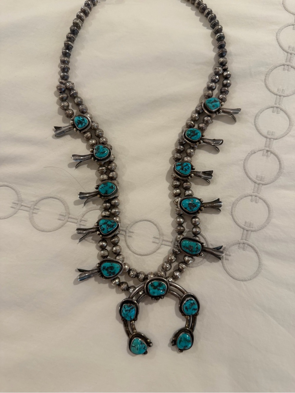 vintage 1970 Turquoise Bead Squash Blossom Necklace - Women Jewelry